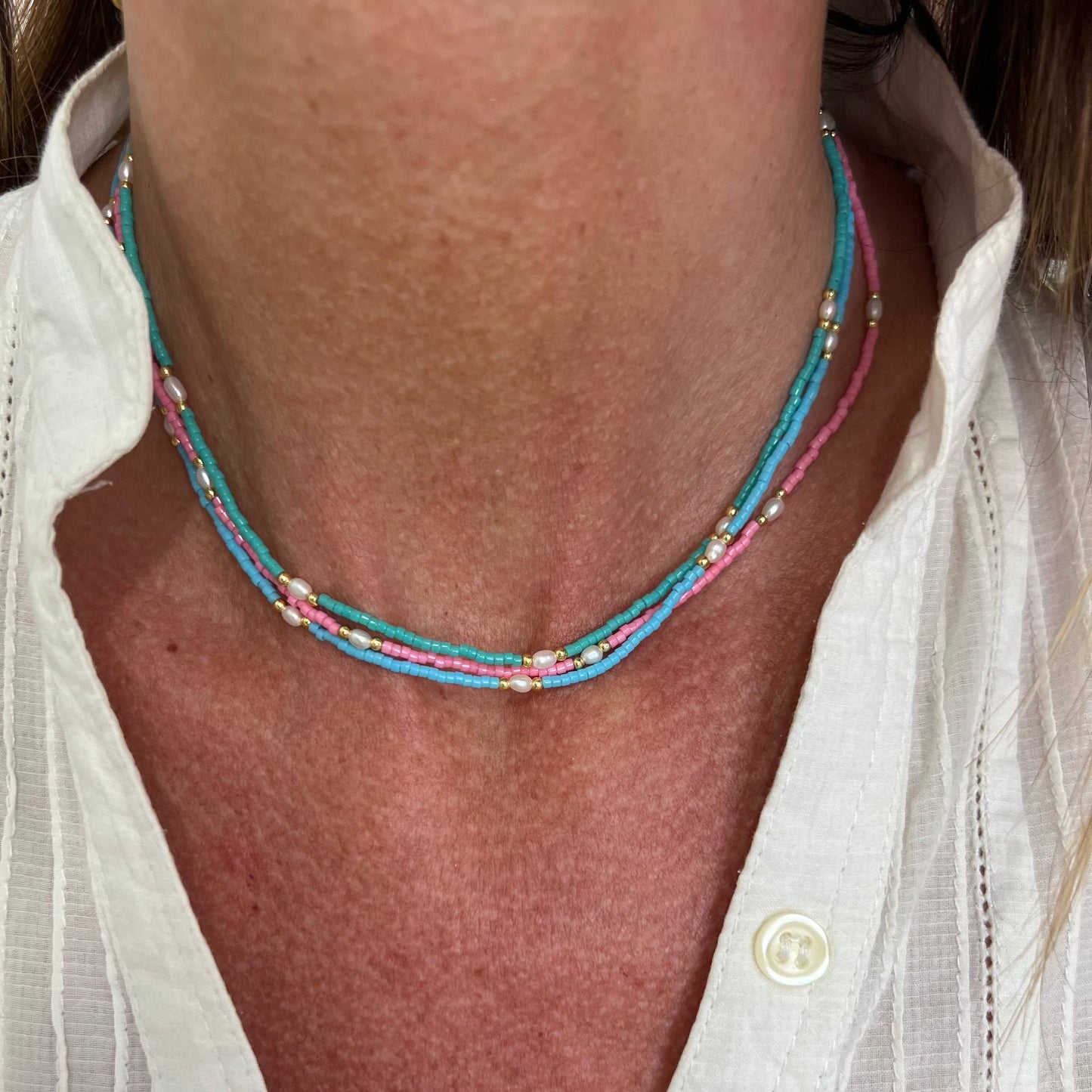 Collana miyuki micro rondelle colorate alternate a micro perla risino naturale cm 38 ottone - Lumiere Bijoux