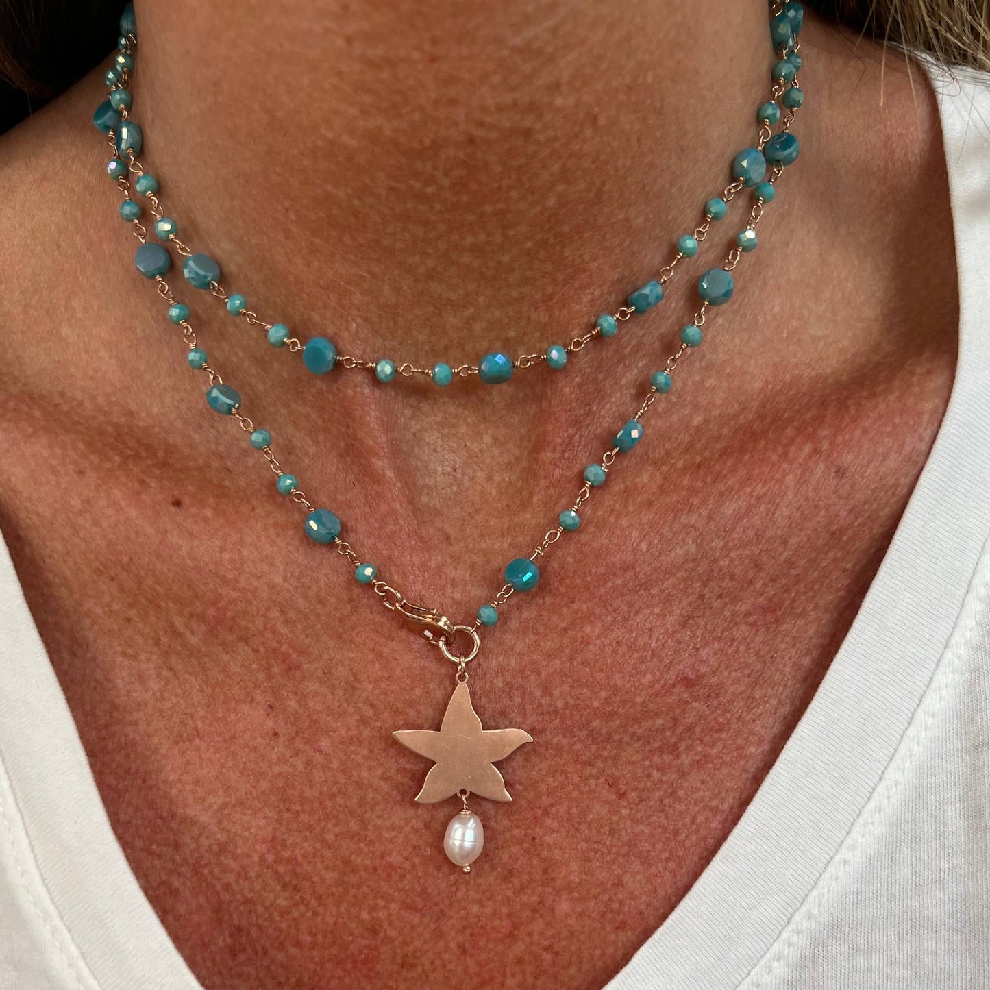 Collana lunga trasformabile cm 75 argento rosè cristalli ottanio stella marina satinata e perla ovale irregolare bianca naturale - Lumiere Bijoux
