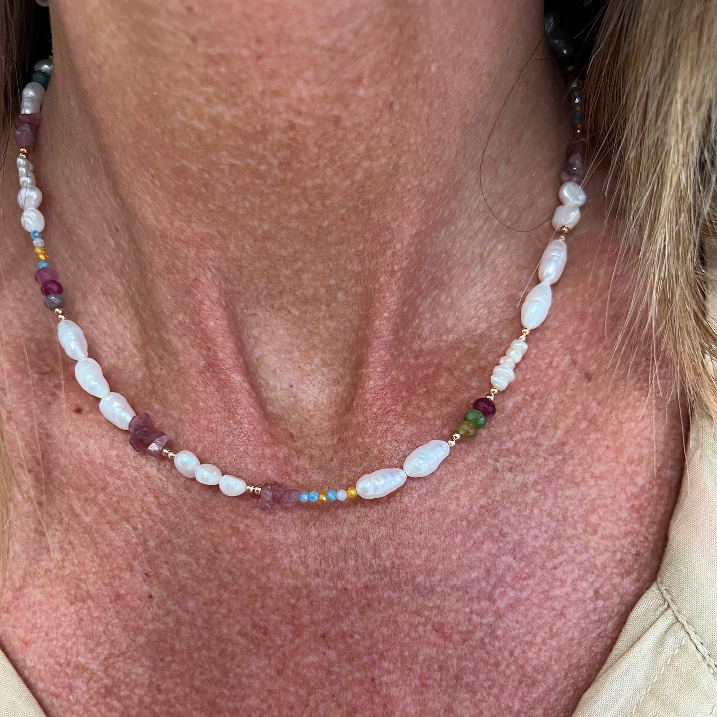 Collana con perle e pietre turchese e tromalina rosa argento 925 - Lumiere Bijoux