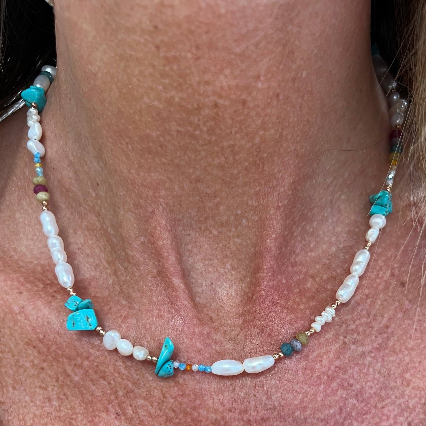 Collana con perle e pietre turchese e tromalina rosa argento 925 - Lumiere Bijoux