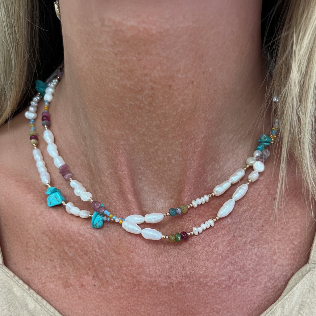 Collana con perle e pietre turchese e tromalina rosa argento 925 - Lumiere Bijoux