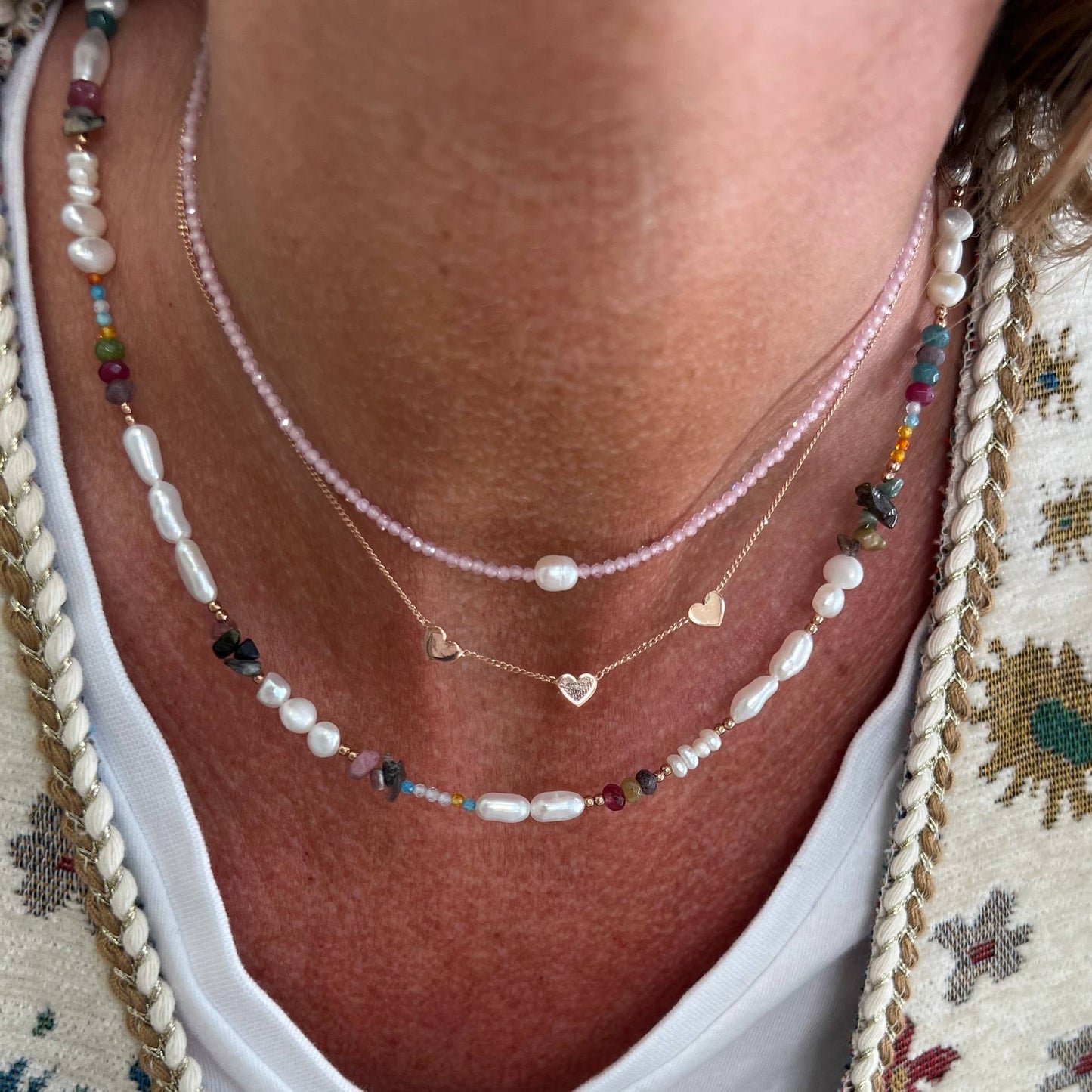 Collana cm 40 perle e pietre morganite e tromalina multicolore argento 925 - Lumiere Bijoux
