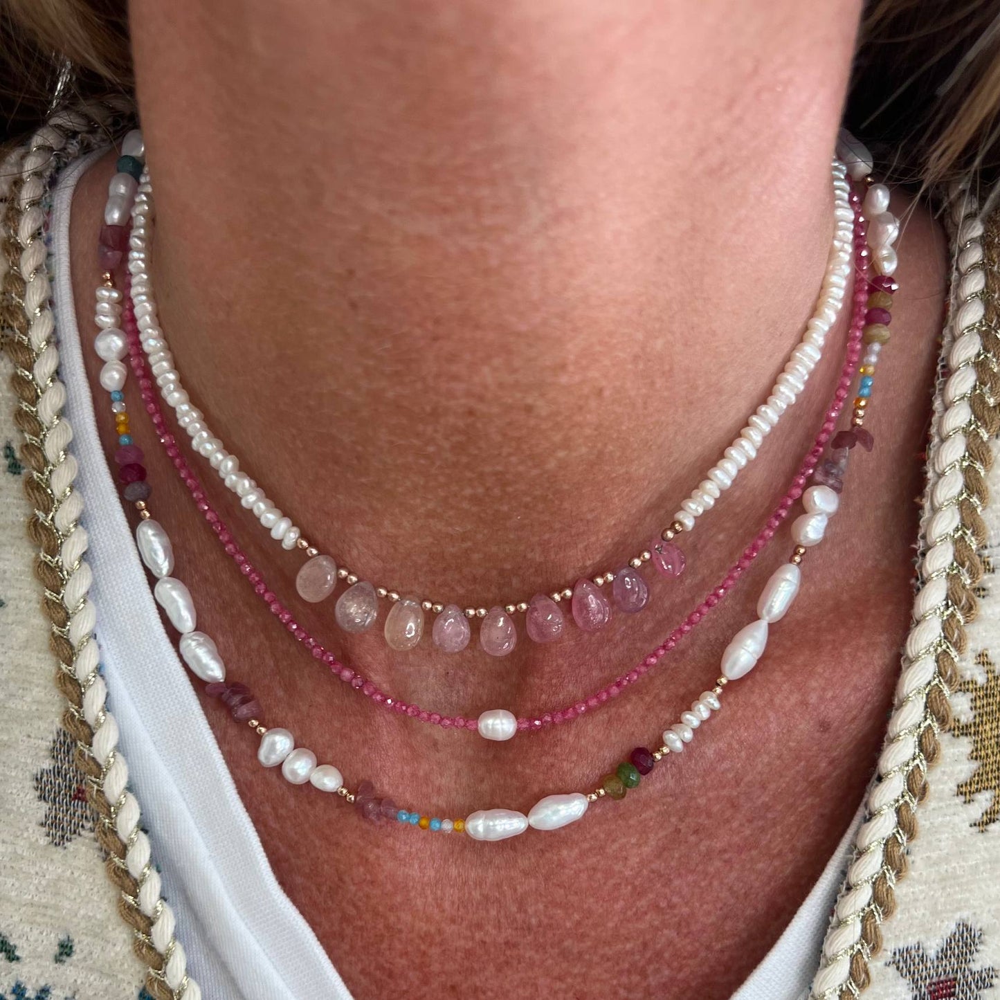 Collana con perle e pietre turchese e tormalina rosa argento 925- cm35/40 - Lumiere Bijoux