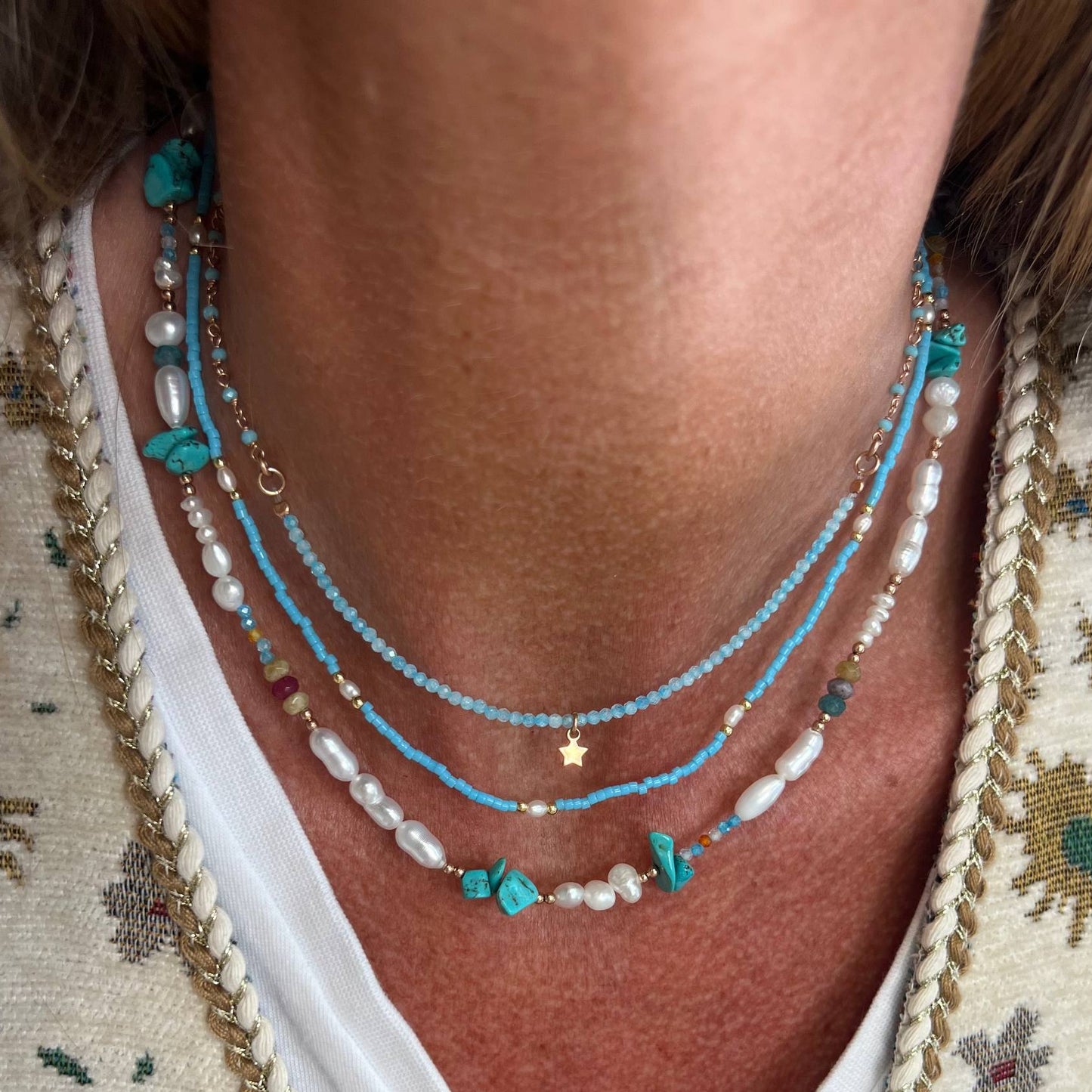 Collana con perle e pietre turchese e tormalina rosa argento 925- cm35/40 - Lumiere Bijoux