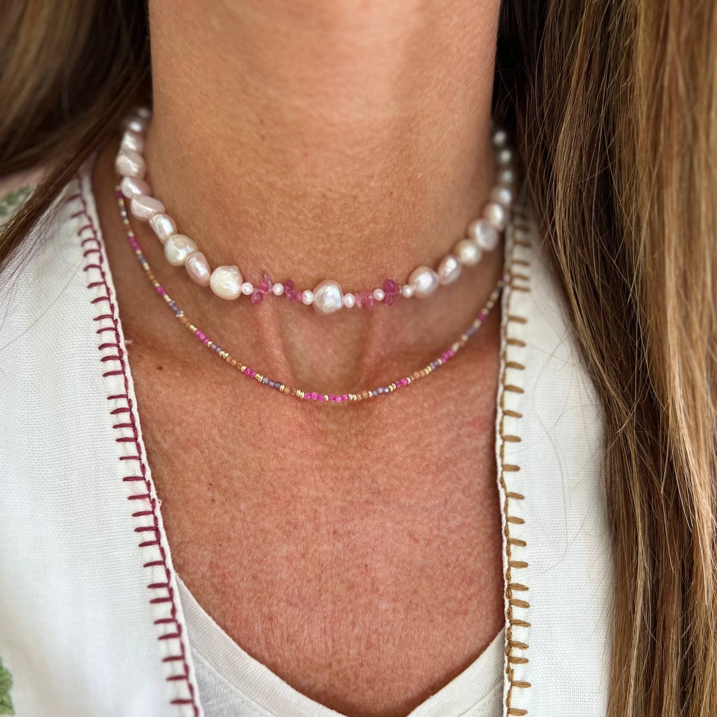 Collana perle tonde rosa e zaffiri rosa - PU102 - Lumiere Bijoux