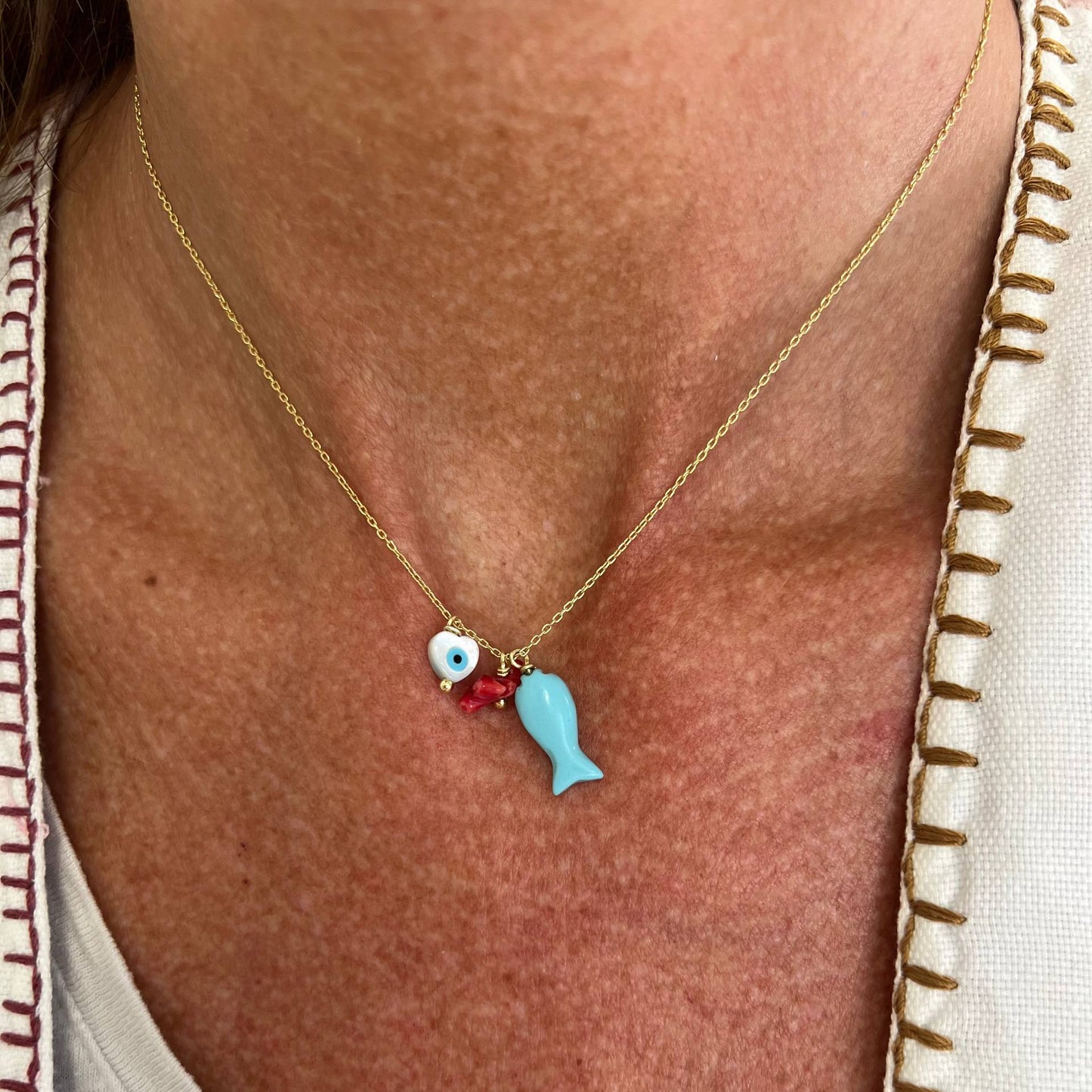 Collana catena forzatina Amar cm 40 con pesce e occhio pendente in argento 925 - Lumiere Bijoux