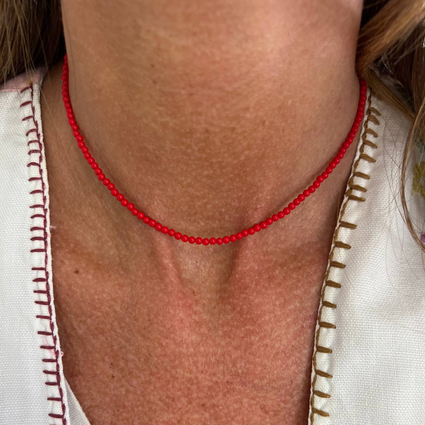 Collana Choker Corallo Rosso Naturale o turchese 36cm base argento rosé - Lumiere Bijoux