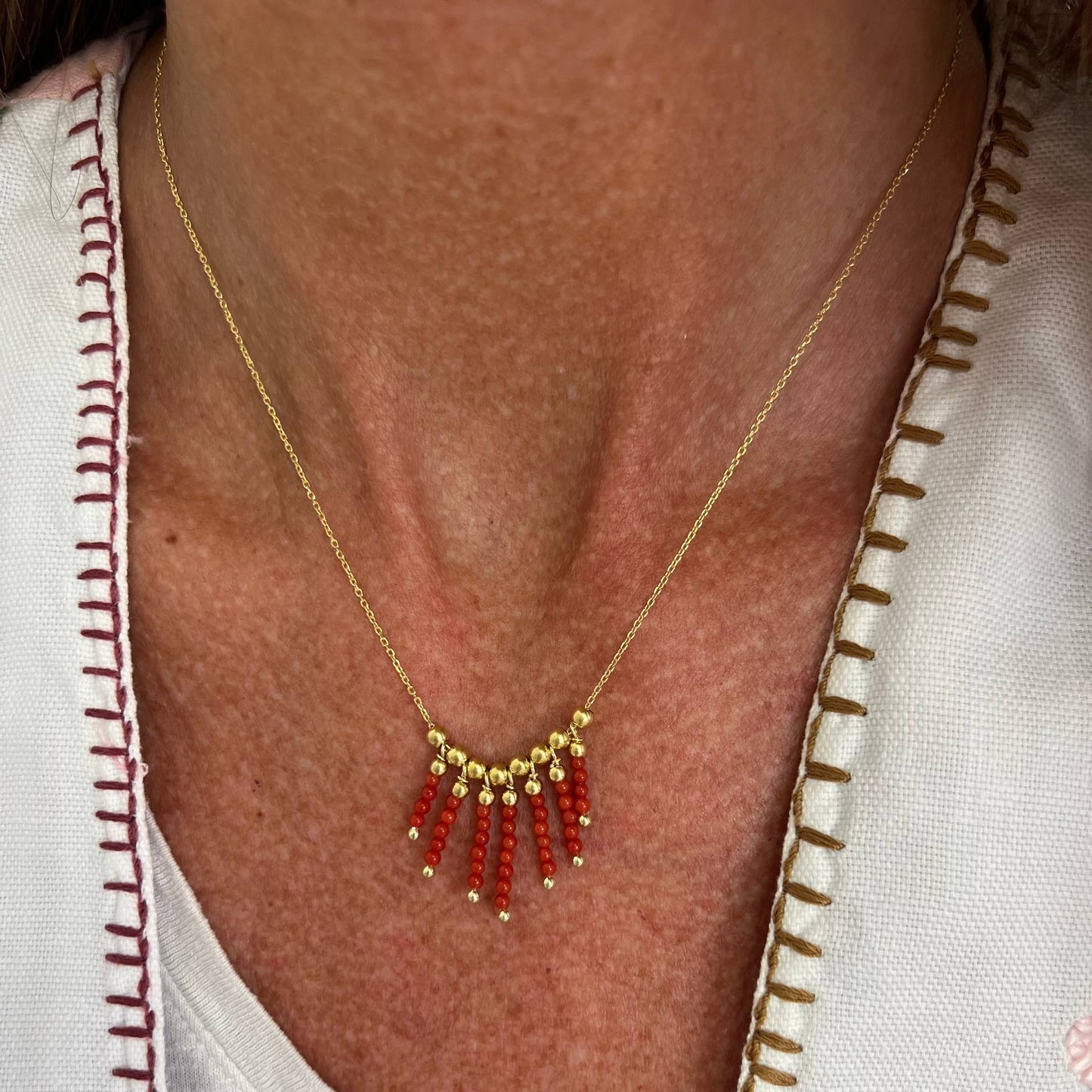 Collana cm 40 ventaglio perle Miyuki turchese e corallo in argento 925 - Lumiere Bijoux