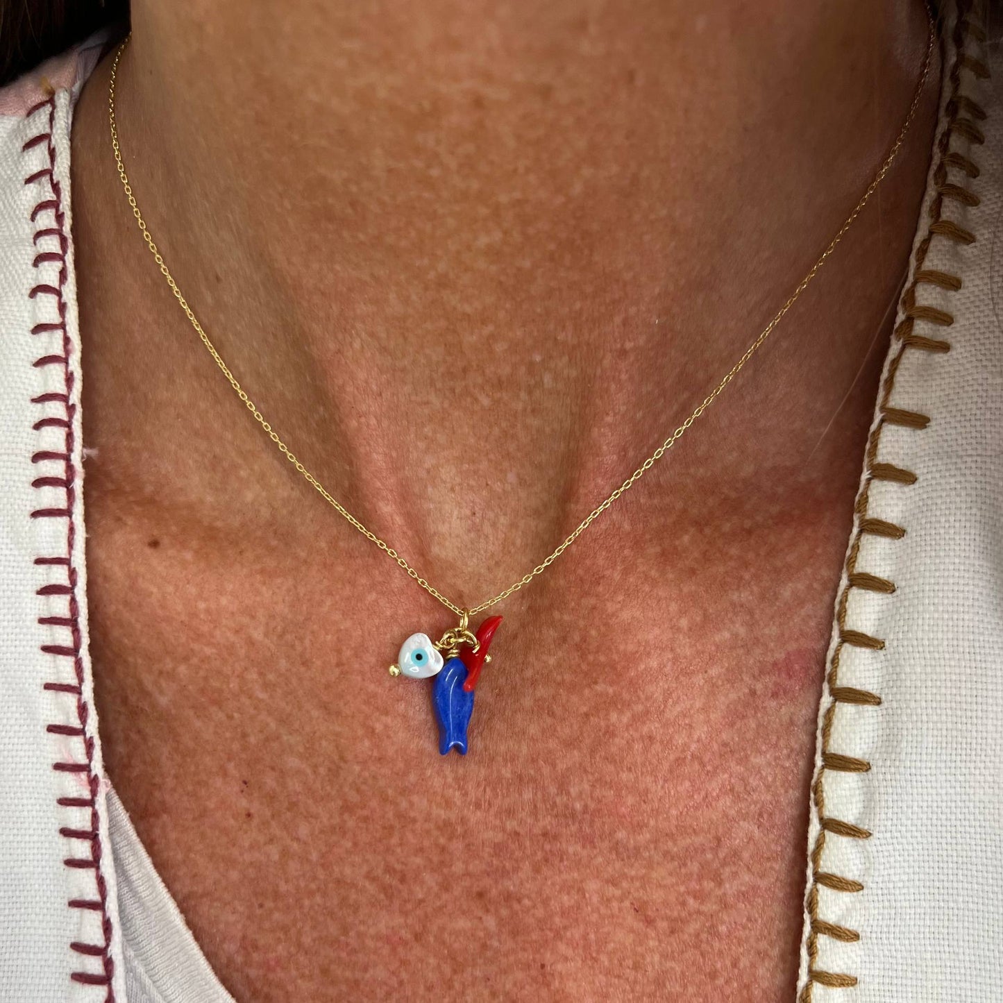 Collana catena forzatina Amar cm 40 con pesce e occhio pendente in argento 925 - Lumiere Bijoux