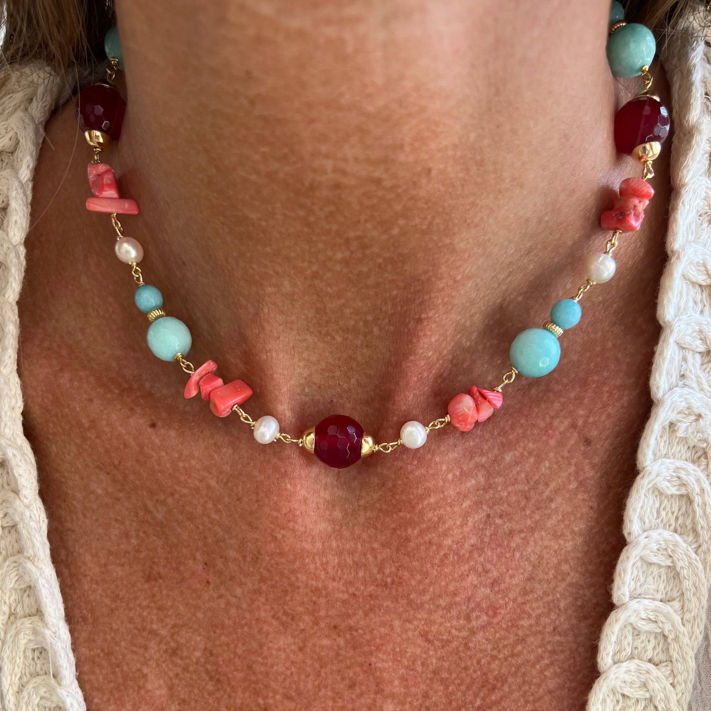 Collana 35 cm corallo - turchese e perle - In fondo al mar - Lumiere Bijoux