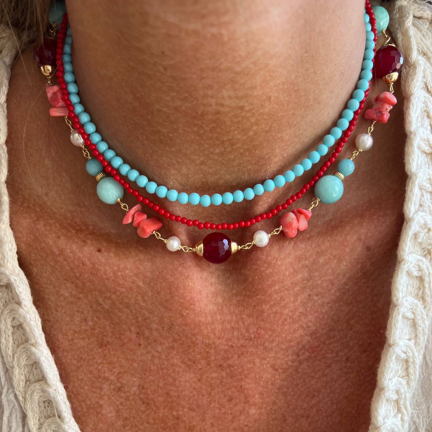 Collana 35 cm corallo - turchese e perle - In fondo al mar - Lumiere Bijoux