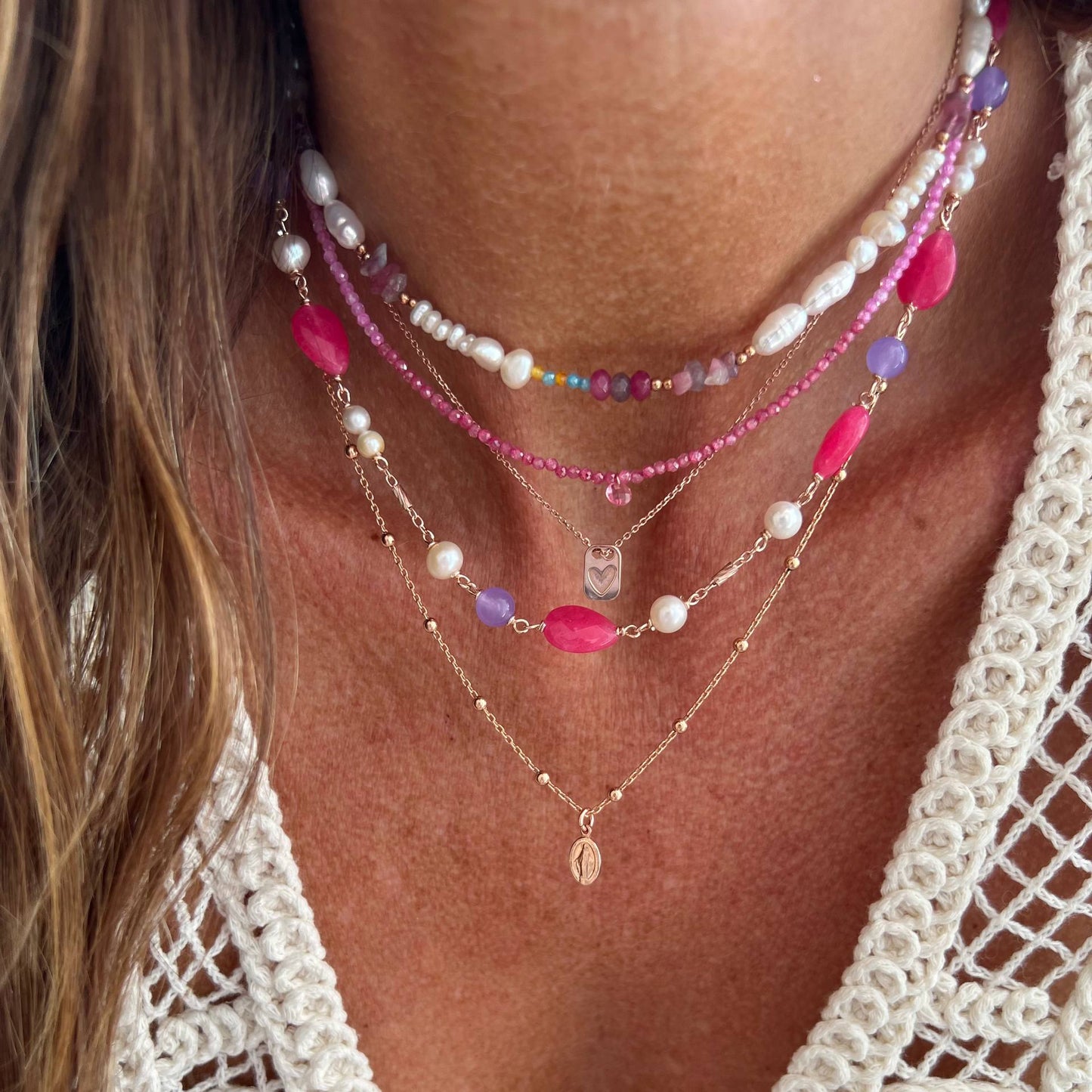 Collana pietre goccia fucsia perle e pietre viola - In fondo al mar - Lumiere Bijoux