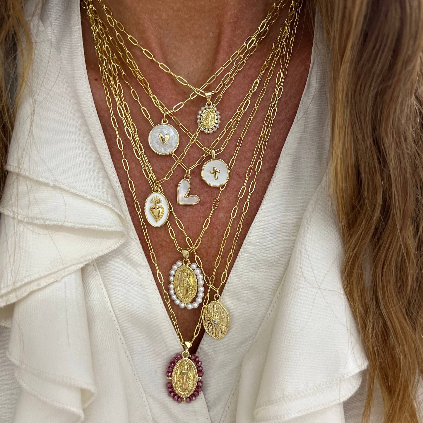 Collana cm60 in ottone catena sushi e pendente targhetta madonnina - Lumiere Bijoux