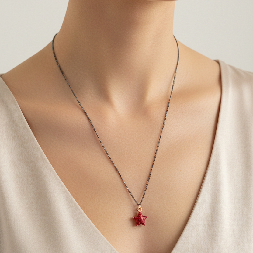 Collana catena grumette rutenio cm 40 con stella glitter rosso - pezzo unico - Lumiere Bijoux