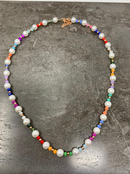 Collana con perle e cristalli multicolore cm 40