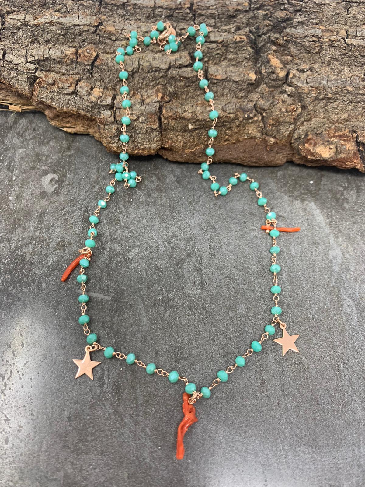 Collana cristalli tiffani con stelle da 0,8 e corallo rosso - cm 50