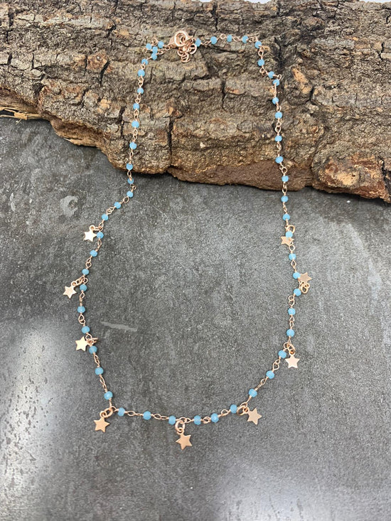 Collana micro cristalli azzurri con micro stelle pendenti - cm 40