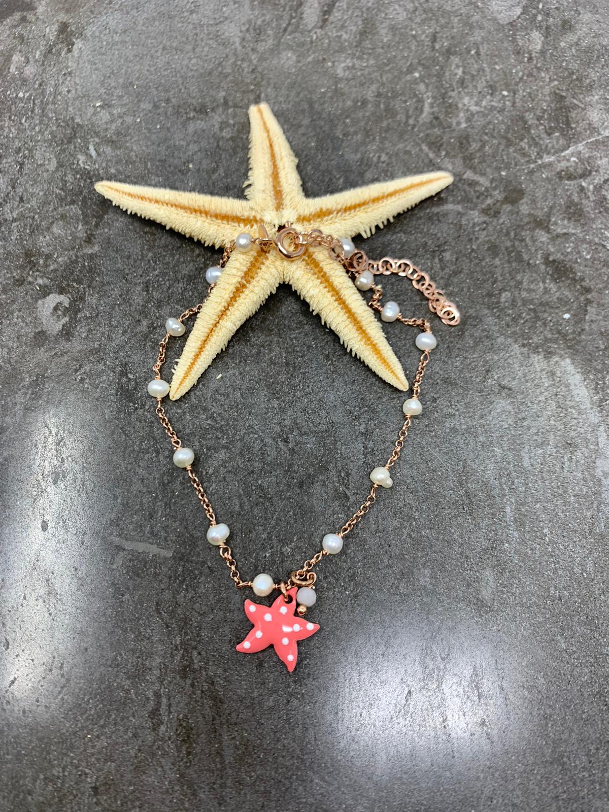 Cavigliera catena rosè alternata a perle con stella marina a pois cm 21