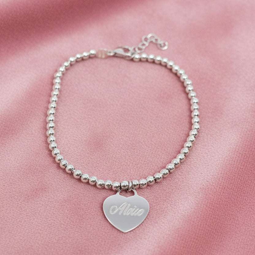 Bracciale sfere argento con cuore lucchetto pendente personalizzabile - Lumiere Bijoux