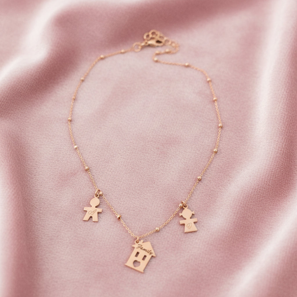Collana Family Rosario Rosé con Bimbi e Casetta – Argento 925, Personalizzabile - Lumiere Bijoux