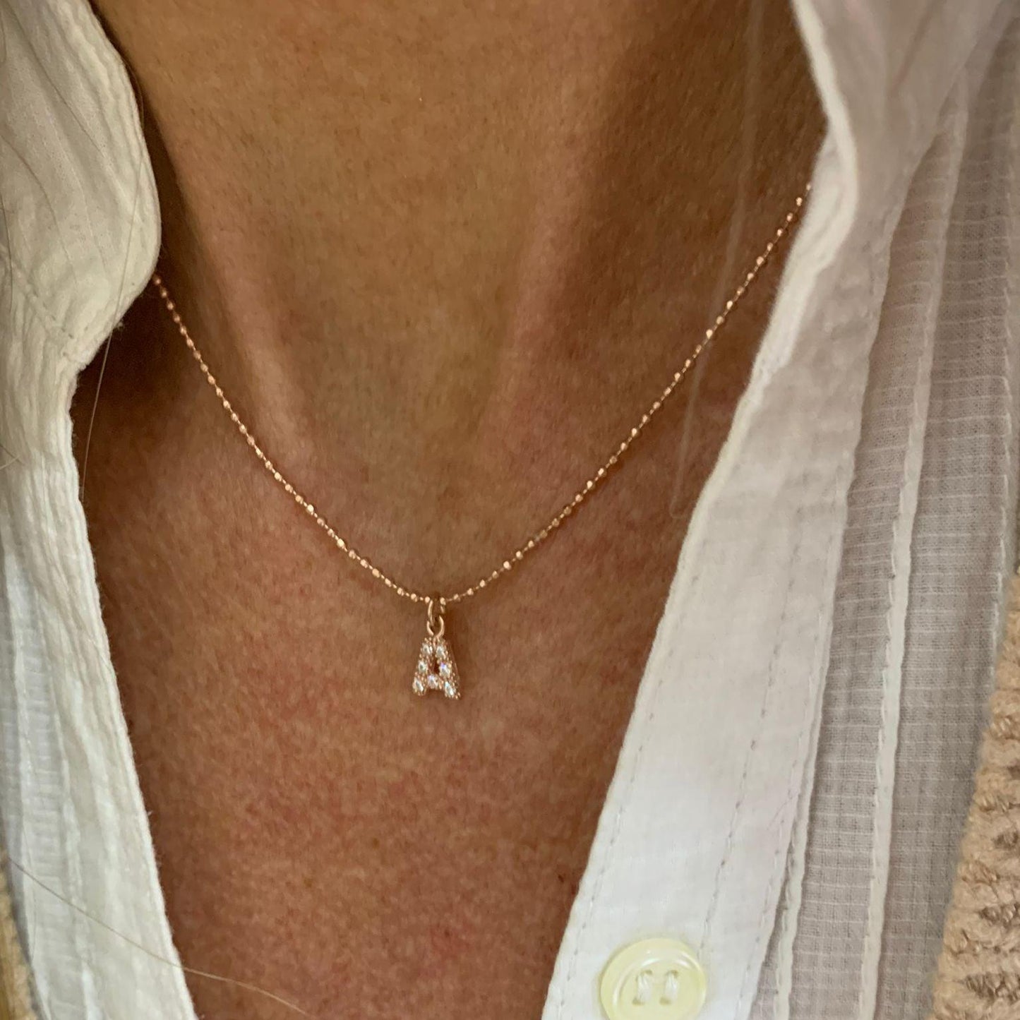 Collana catena militare cm40 con iniziale da 0.8 mm con zirconi pendente - Lumiere Bijoux