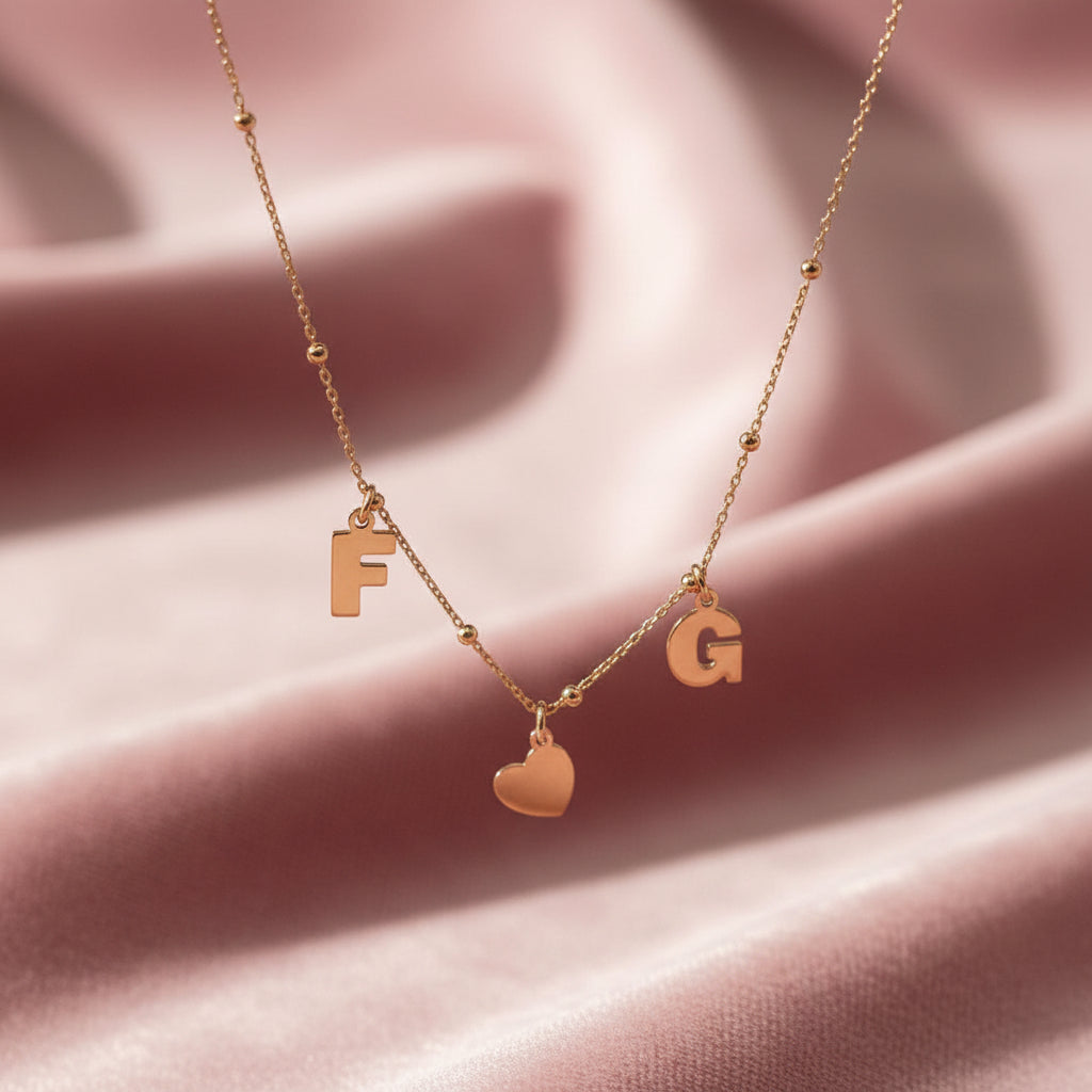 Collana catena micro Rosario cm40 rosé con iniziali e cuore da 0,8 mm - Lumiere Bijoux
