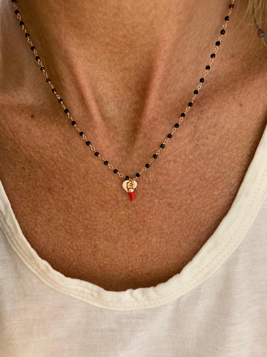 Collana micro cristalli neri con cuore e cornetto rosso - cm 40 - Lumiere Bijoux