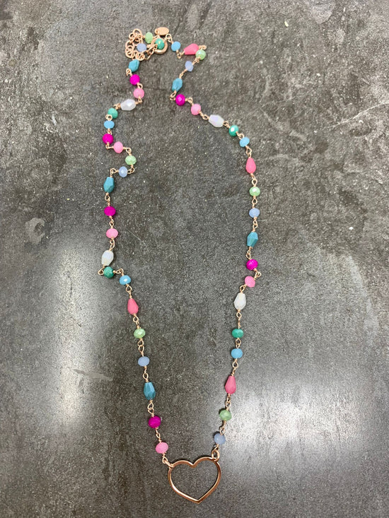 Collana cristalli colorati con cuore in linea rosè - cm 40