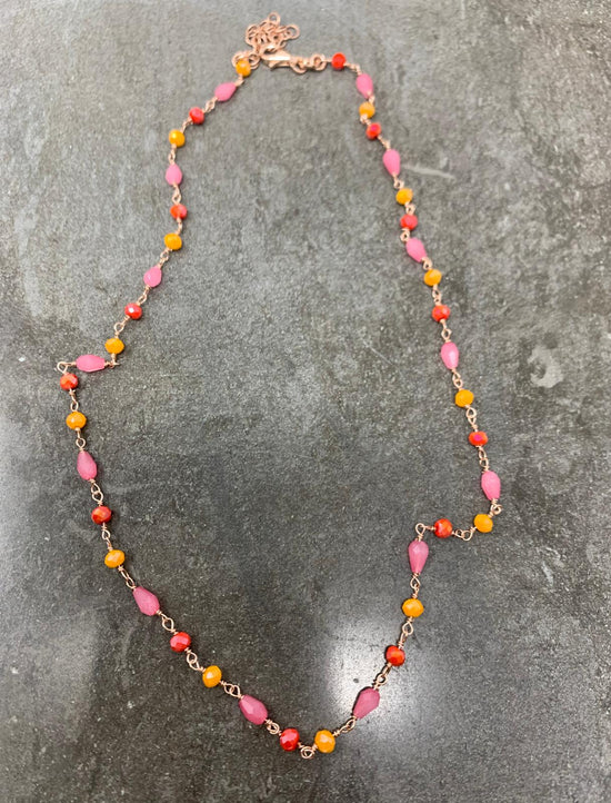 Collana cristalli fucsia/arancione e rosso corallo - cm 40