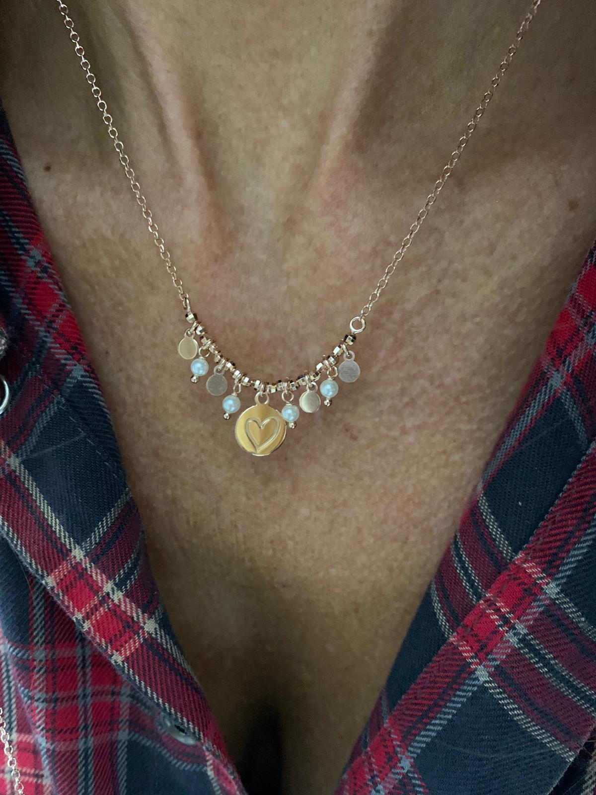 Collana catena rollò con pepite diamantate,piccole perle,tondini e una targhetta con cuore inciso da 0,8 mm pendenti - cm 40