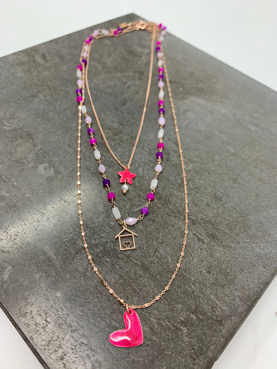 Collana catena grumette cm35 rosé con stella smalto fucsia e piccola perla bianca - Lumiere Bijoux