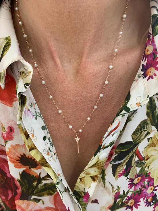Collana catena perle con bacchetta magica di zirconi bianchi - cm 50