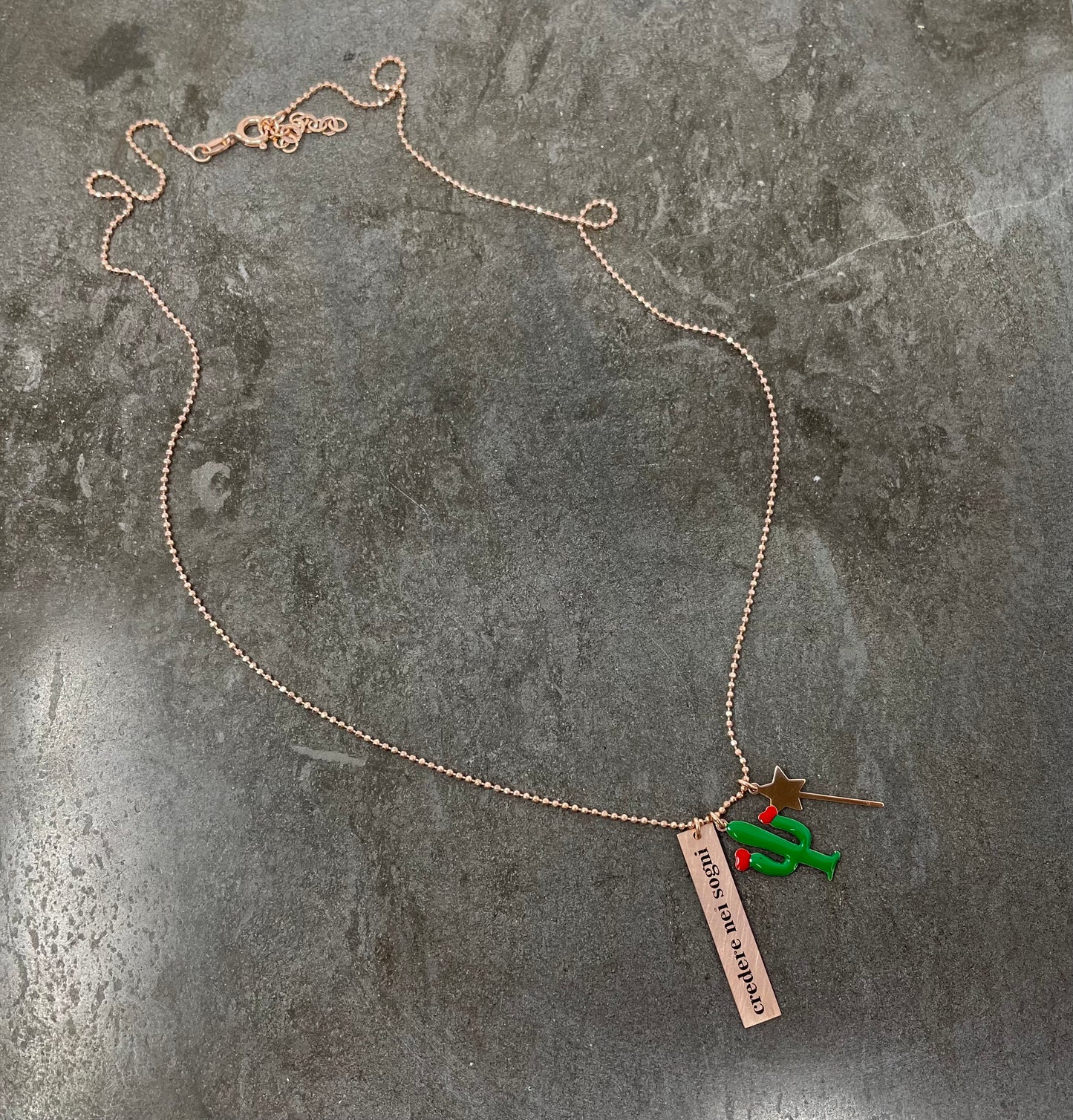 Collana catena militare cm50 rosé con targhetta rettangolare con inciso “credere nei sogni” cactus e bacchetta magica