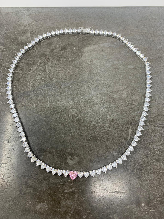 Collana Choker tennis zirconi multicuori con cuore rosa centrale - cm 40