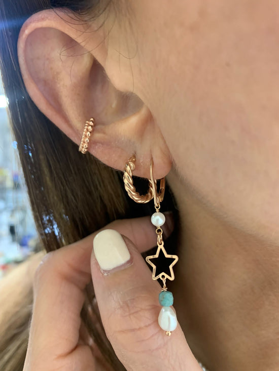 Coppia orecchini pendenti con stella e cuore battuto rosé con perle e pietre acqua marina