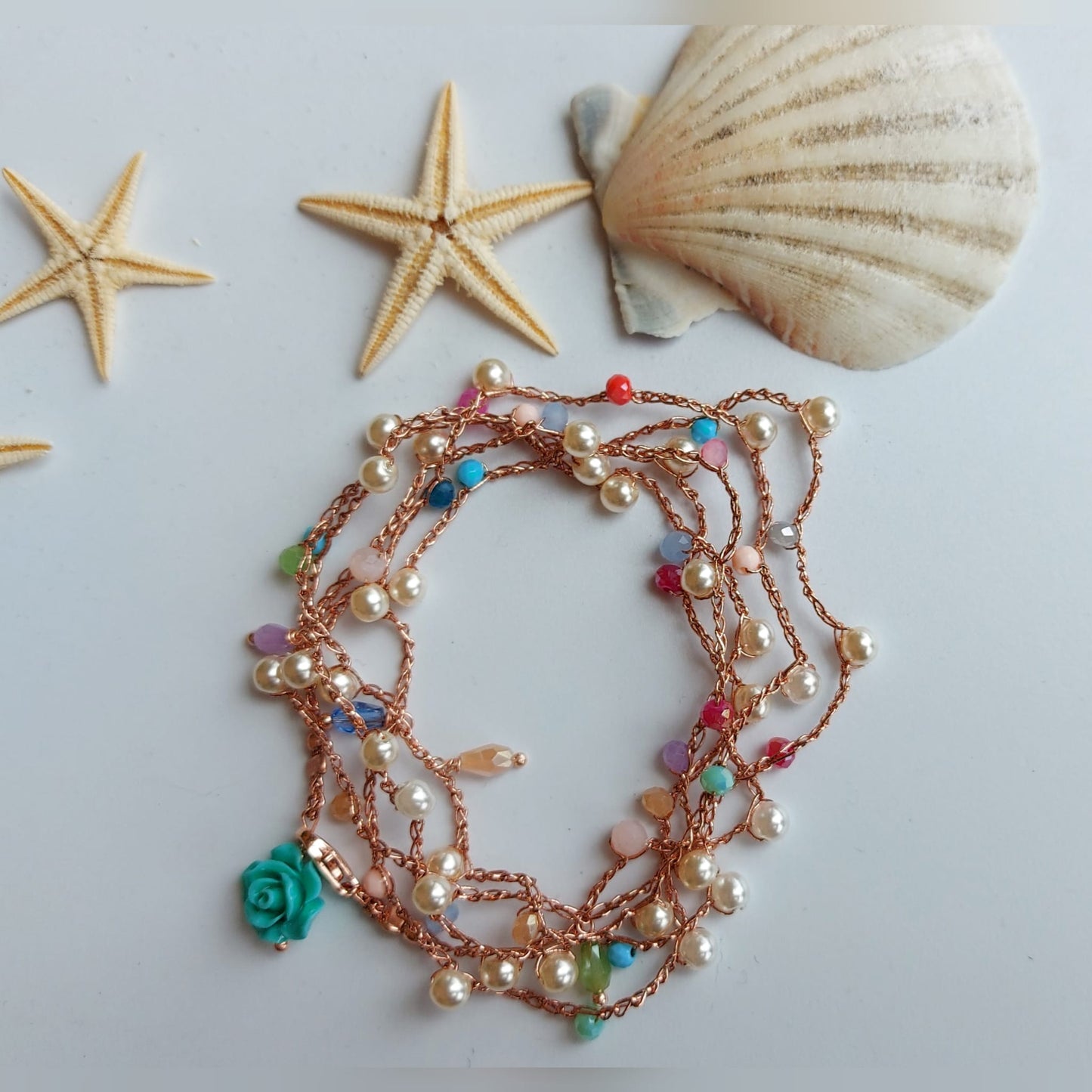 Cavigliera o collana o bracciale in macramè con perle e cristalli colorati con rosellina tiffani