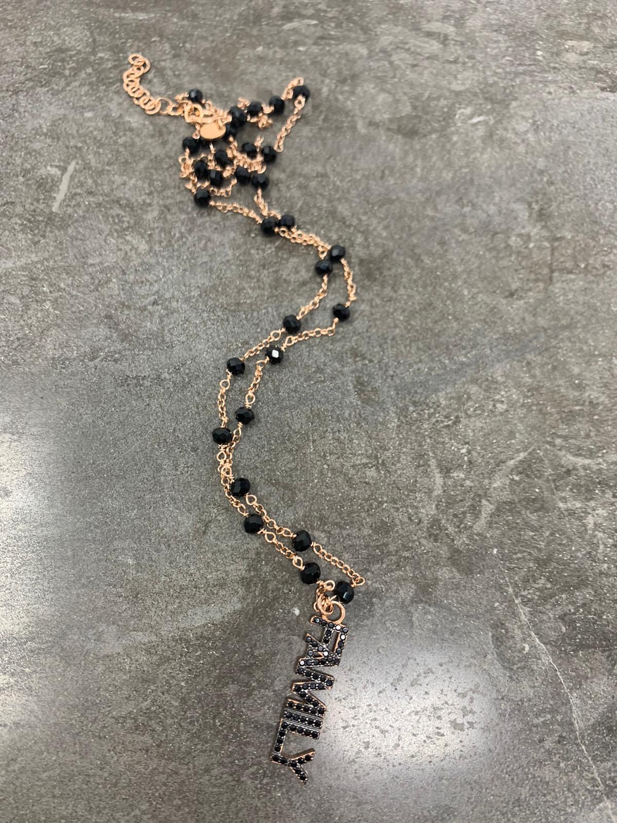 Collana catena rollò alternata da cristalli neri cm50 con scritta FAMILY zirconi neri - Speciale Festa della Mamma