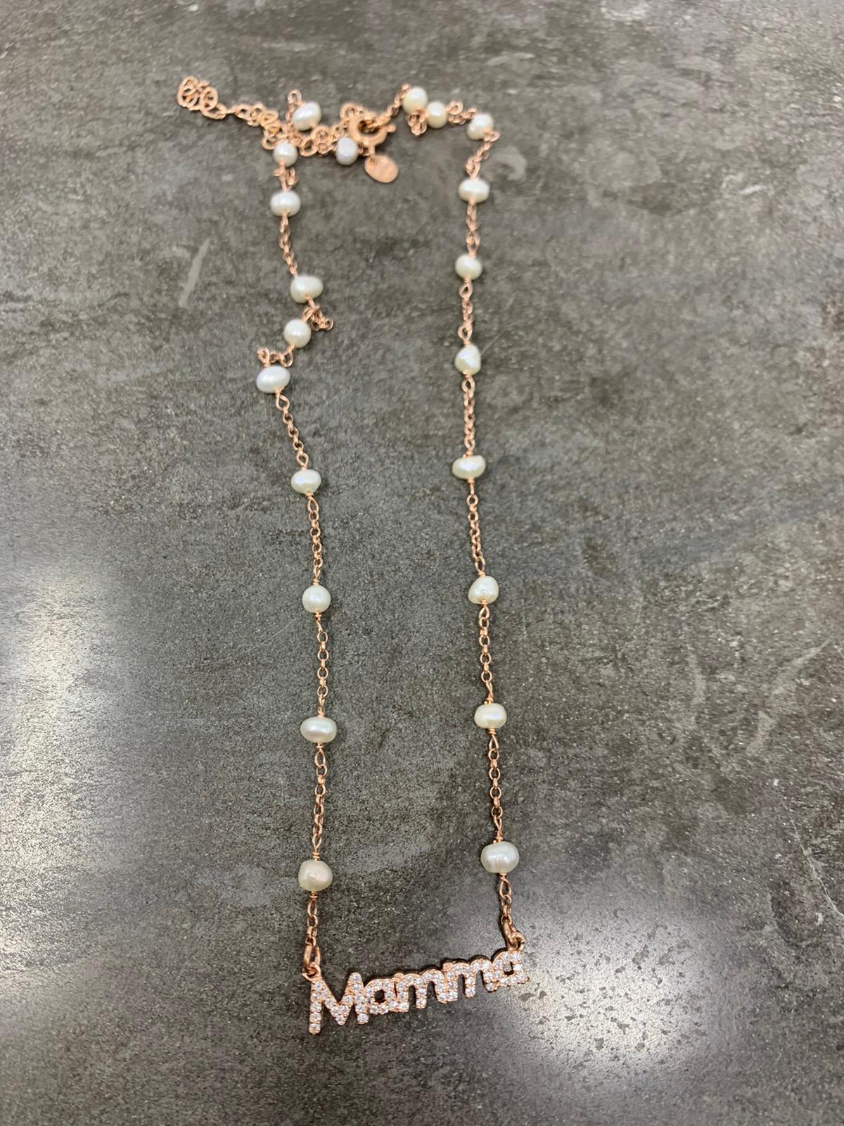 Collana catena rollò alternata da perle cm 40 con scritta MAMMA zirconi bianchi - Speciale Festa della Mamma