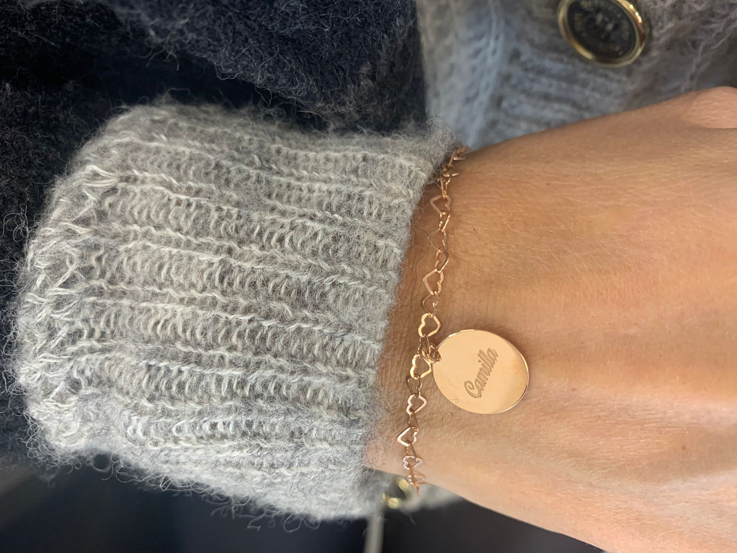 Bracciale cuori vuoti con cialdina da 1 cm con dedica “alla mia madrina” battesimo - Lumiere Bijoux