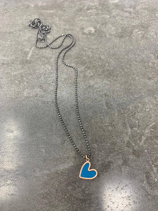 Collana catena militare diamantata rutenio nera cm40 con cuore smaltato blu ottanio