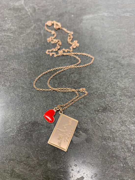 Collana catena sottile con cuore smaltato rosso da 0,8 mm e cartolina Parigi - cm 50