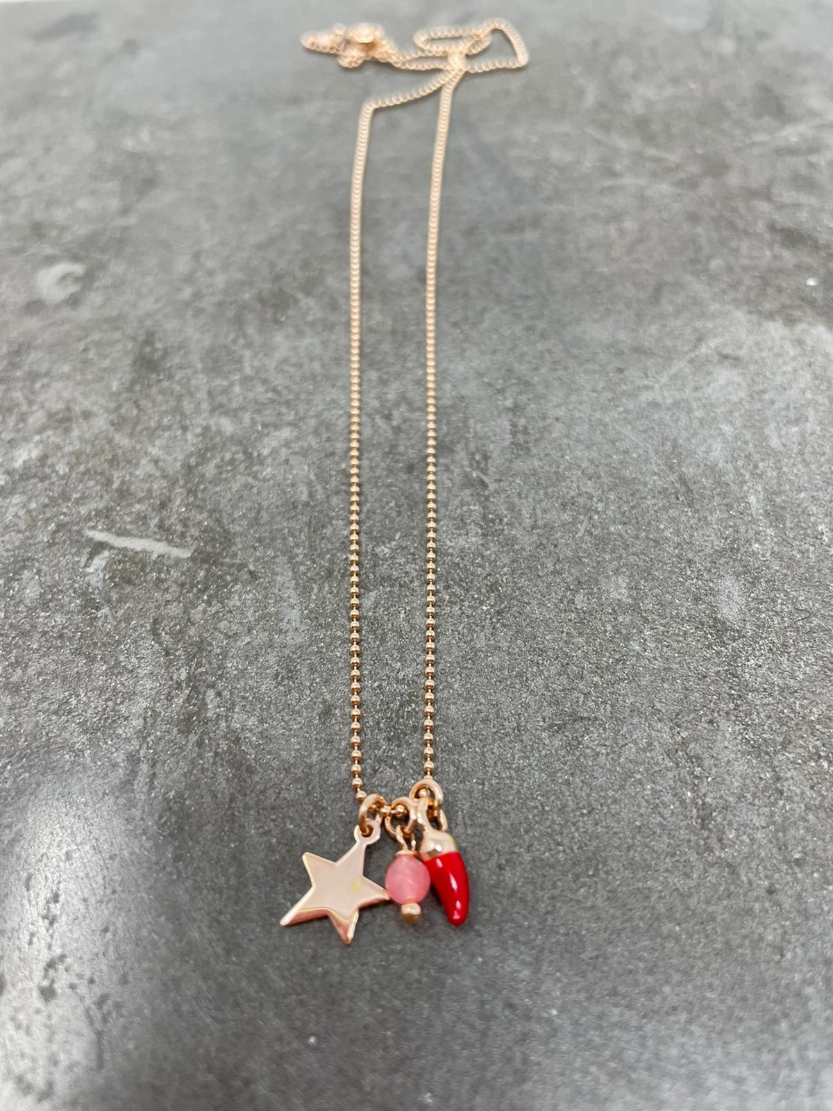 Collana militare rosè 45 cm con stella o cuore, cornetto e cristallo colorato