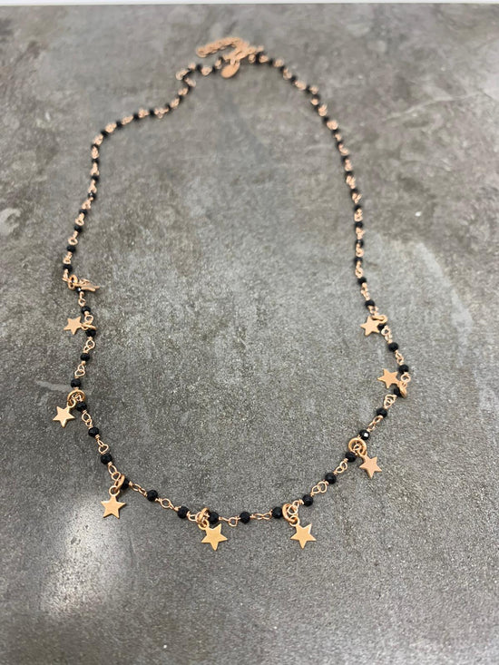 Collana micro cristalli neri cm40 con micro stelle da 0,4 mm rosé - Lumiere Bijoux