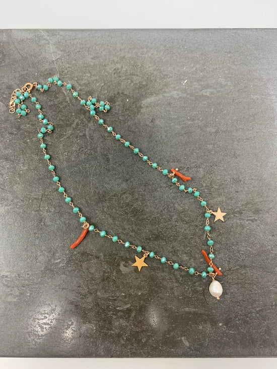 Collana cristalli tiffani con coralli rossi, stelle e perla cm 50 - Pezzo unico