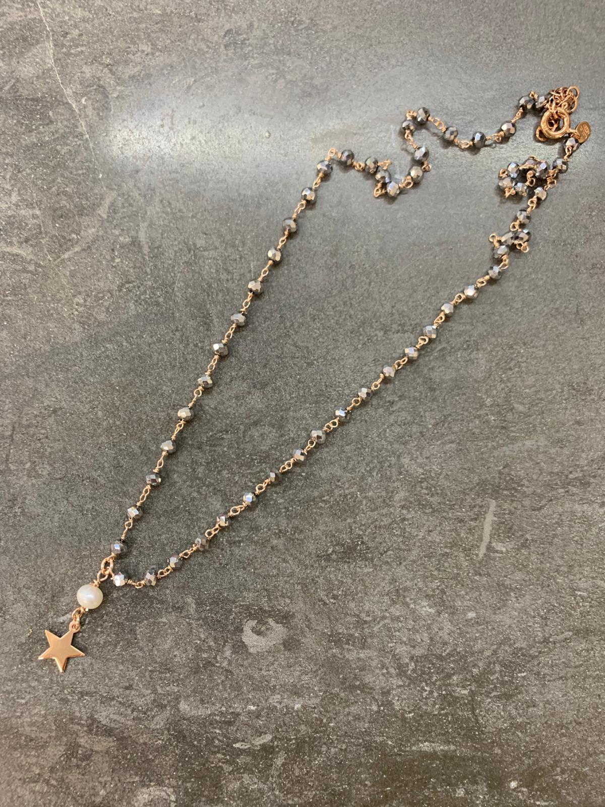 Collana cristalli argento con una stella da 0,8 mm ed una perla bagnata in oro rosè - cm 40
