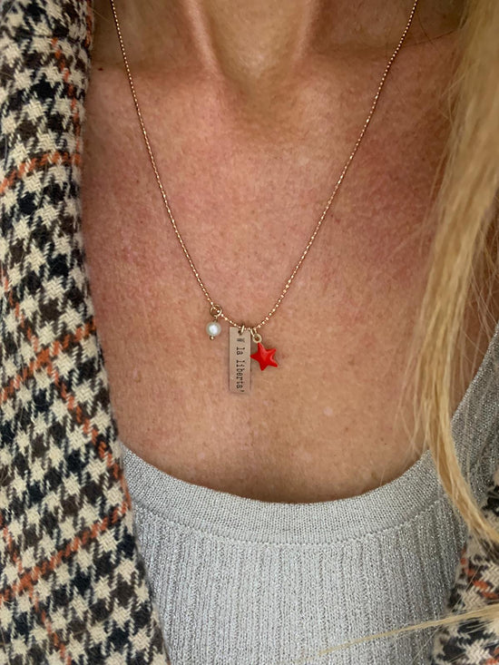 Collana Catena militare diamantata con perla, stella rossa e targhetta rettangolare con inciso W la libertà - cm 50