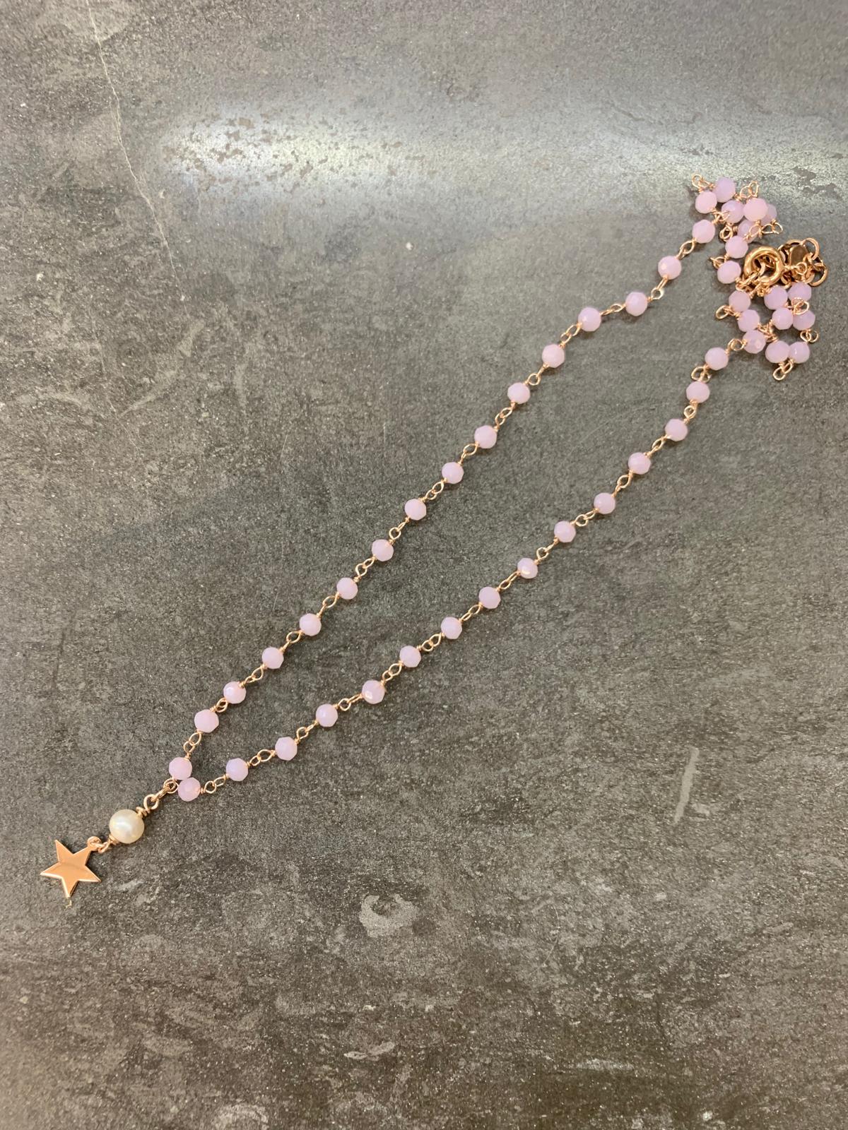 Collana crystalli rosa baby con una stella da 0,8 mm ed una perla bagnata in oro rosé - cm 40 - Lumiere Bijoux