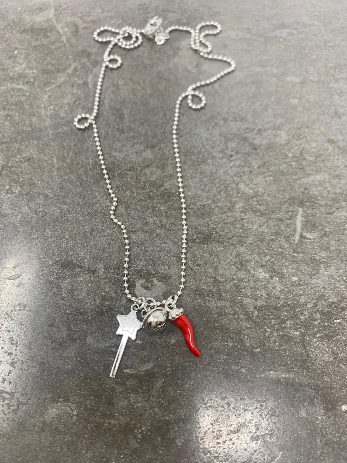 Collana catena militare argento con bacchetta magica, campanellino e cornetto rosso cm 50