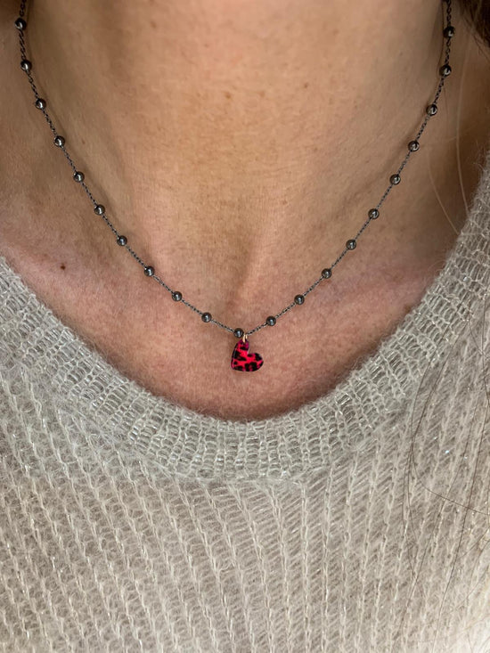 Collana rosario rutenio con cuore leopardato smalto fucsia - cm 40