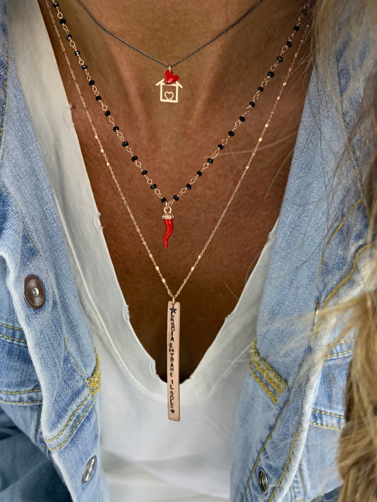 Collana catena dadini con targhetta fiammifero con inciso LASCIA ENTRARE IL SOLE bagnata in oro rosé - cm 50